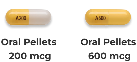 Yellow and white 200 mcg capsule and yellow 600 mcg capsule.