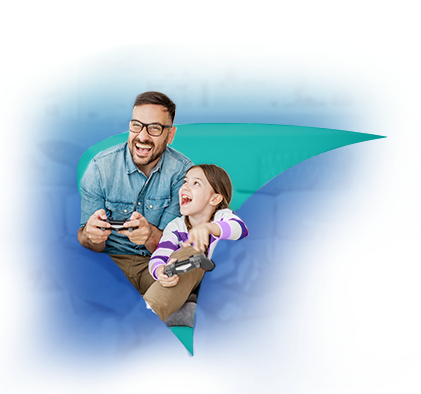 A man and little girl play video games. A teal-colored liver shape appears behind them.
