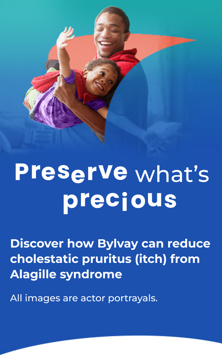 Preserve what’s precious. Discover how Bylvay can reduce cholestatic pruritus (itch) from Alagille syndrome. Image of father and child playing.