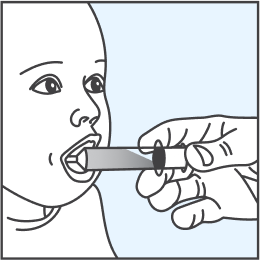 Illustration of a syringe squirting liquid into an infant’s mouth.