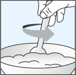 Illustration of a hand stirring a spoon in a bowl of soft food.