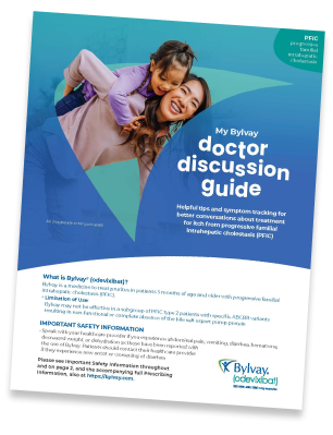 My Bylvay Doctor Discussion Guide for people living with PFIC downloadable tool.