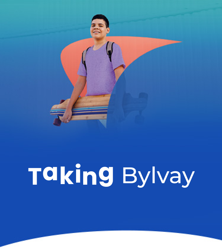 Taking Bylvay for Alagille syndrome. Picture of child holding a longboard.
