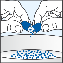 Illustration of 2 hands tapping the shell containing oral pellets to make sure all of the oral pellets come out.