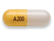 Yellow and white 200 mcg capsule.