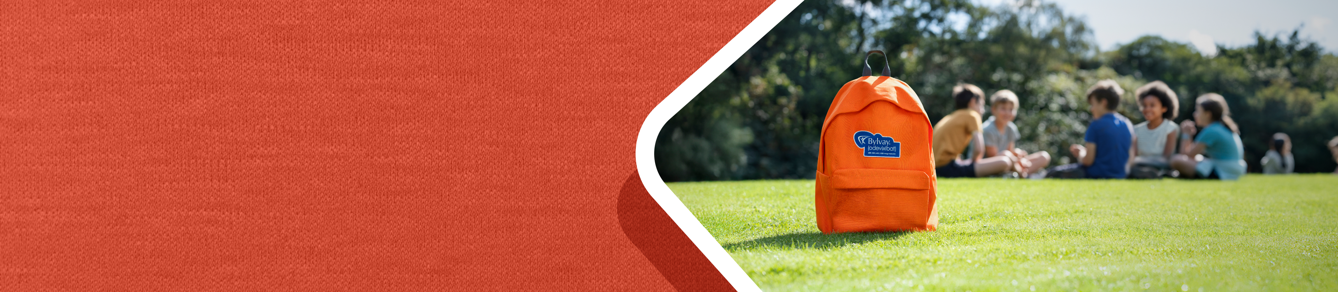 FAQs. Picture of an orange BYLVAYbackpack lying in the grass.