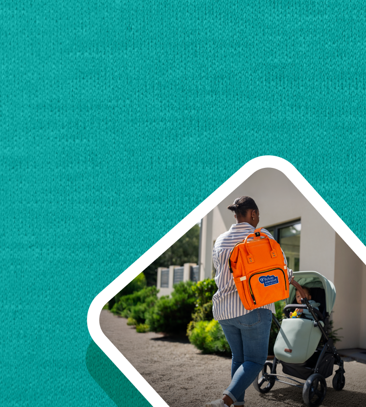 How BYLVAY is thought to work for itch in PFIC. Picture of a woman wearing the orange BYLVAY backpack and pushing a stroller.