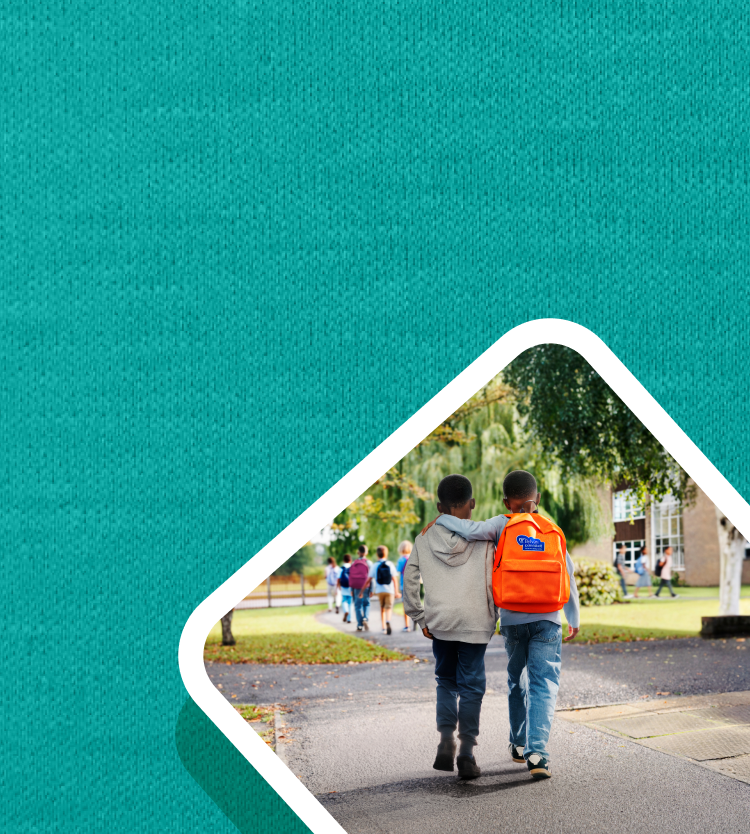 Itch and itch-related sleep results for  BYLVAY. Picture of two boys walking to  school; one is wearing orange BYLVAY backpack.
